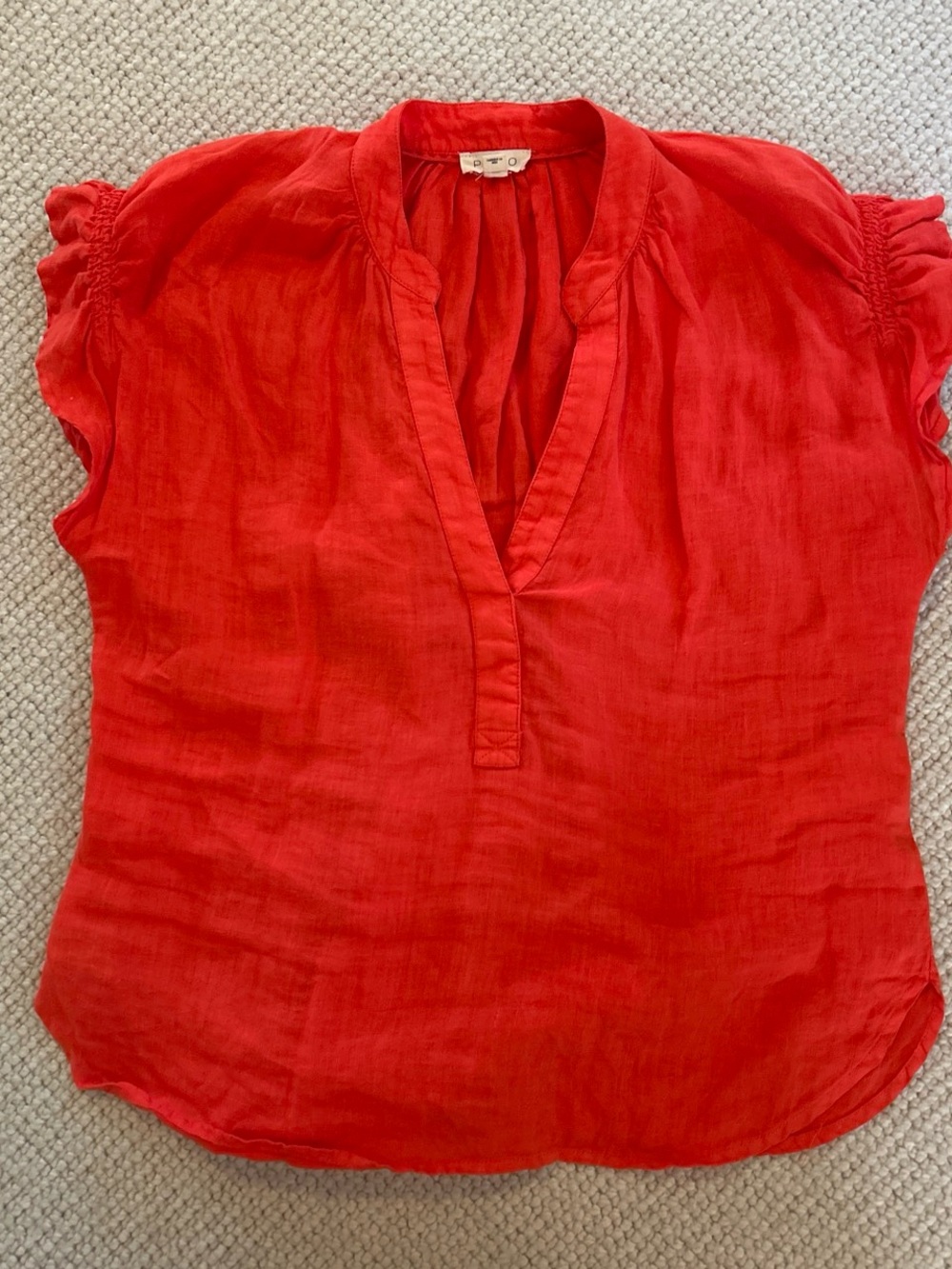 Pilcro Bright Red Split-Neck Flutter Sleeve Blouse Linen. Xs